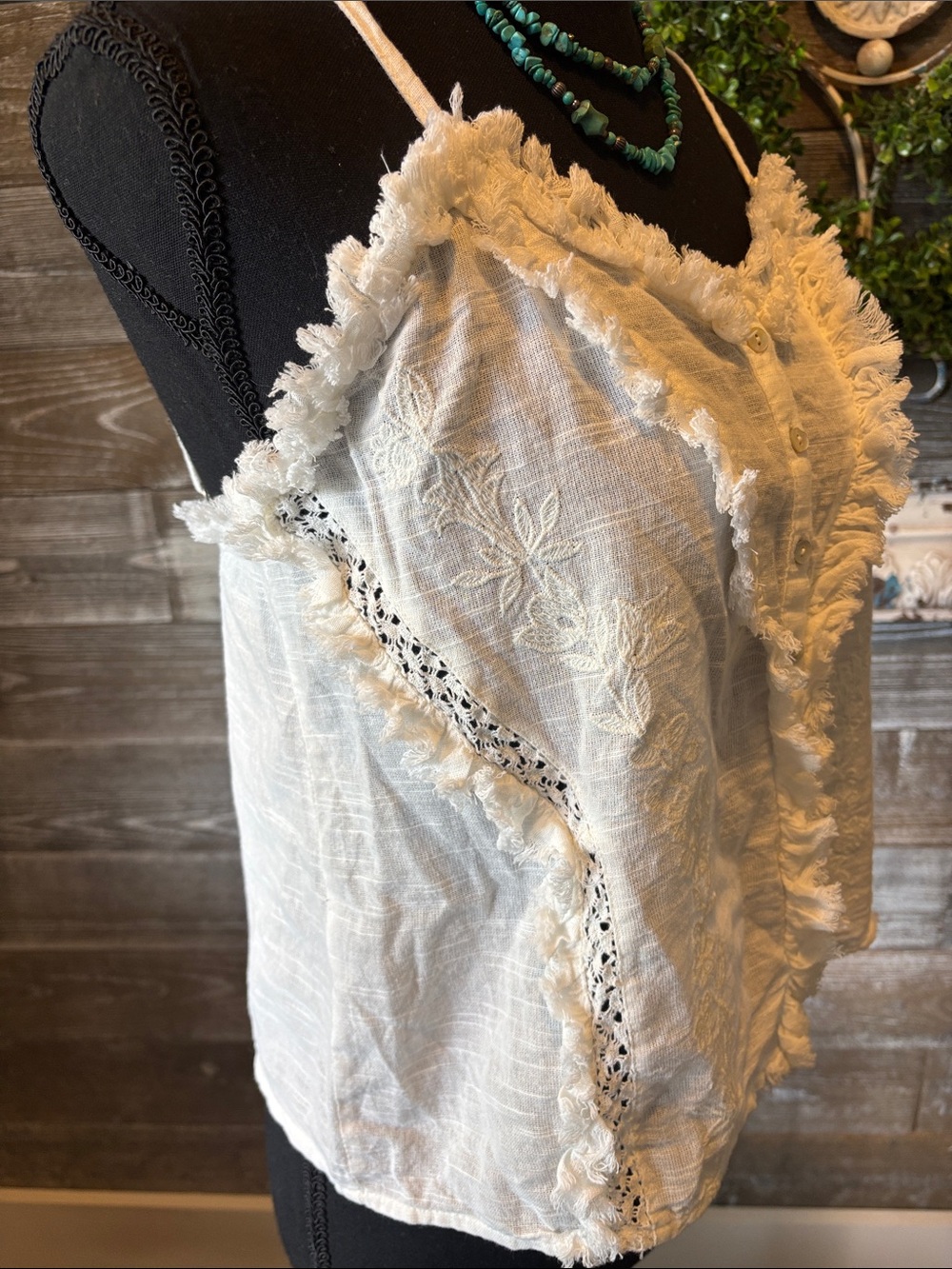 Boho Embroidered (Size M) Women's Cream Fringe-Trim Button Front Cami Top - Picture 6 of 10